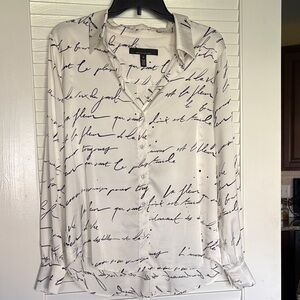 White House Black Market White Button-Up Script Print Blouse